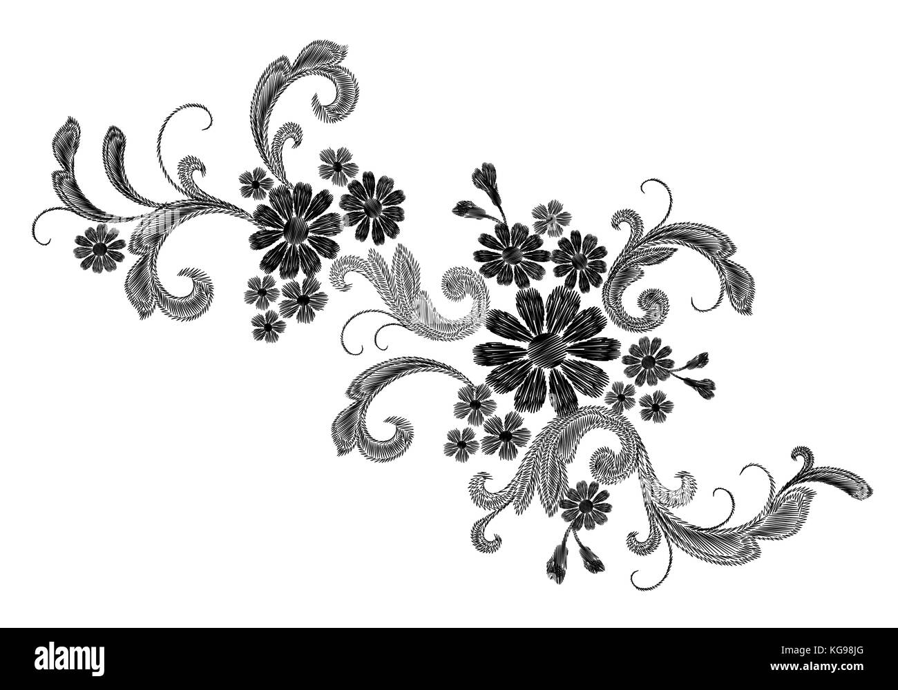 Realistische weiße Vektor Stickerei mode Patch. Blume Rose daisy Blätter vintage viktorianischen Design. stitch Textur Blumenschmuck Kleidung Dekoration Abbildung Stock Vektor