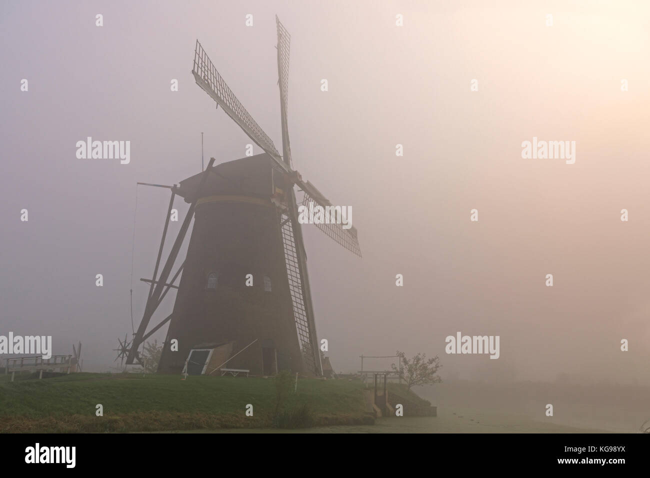 Historische Windmühle mit Nebel, UNESCO-Weltkulturerbe, South Holland, Holland, Europa Stockfoto
