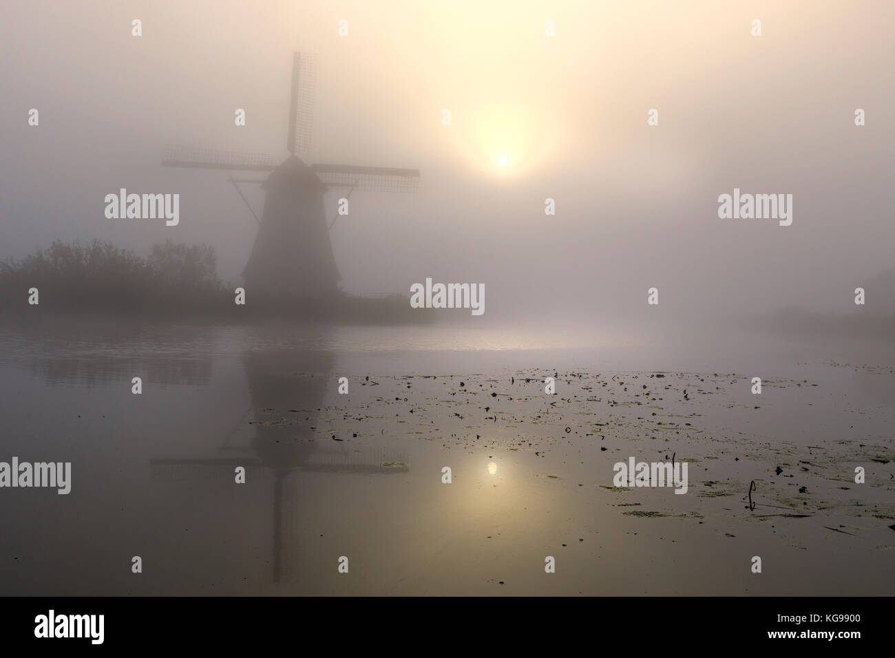 Historische Windmühle mit Nebel, UNESCO-Weltkulturerbe, South Holland, Holland, Europa Stockfoto
