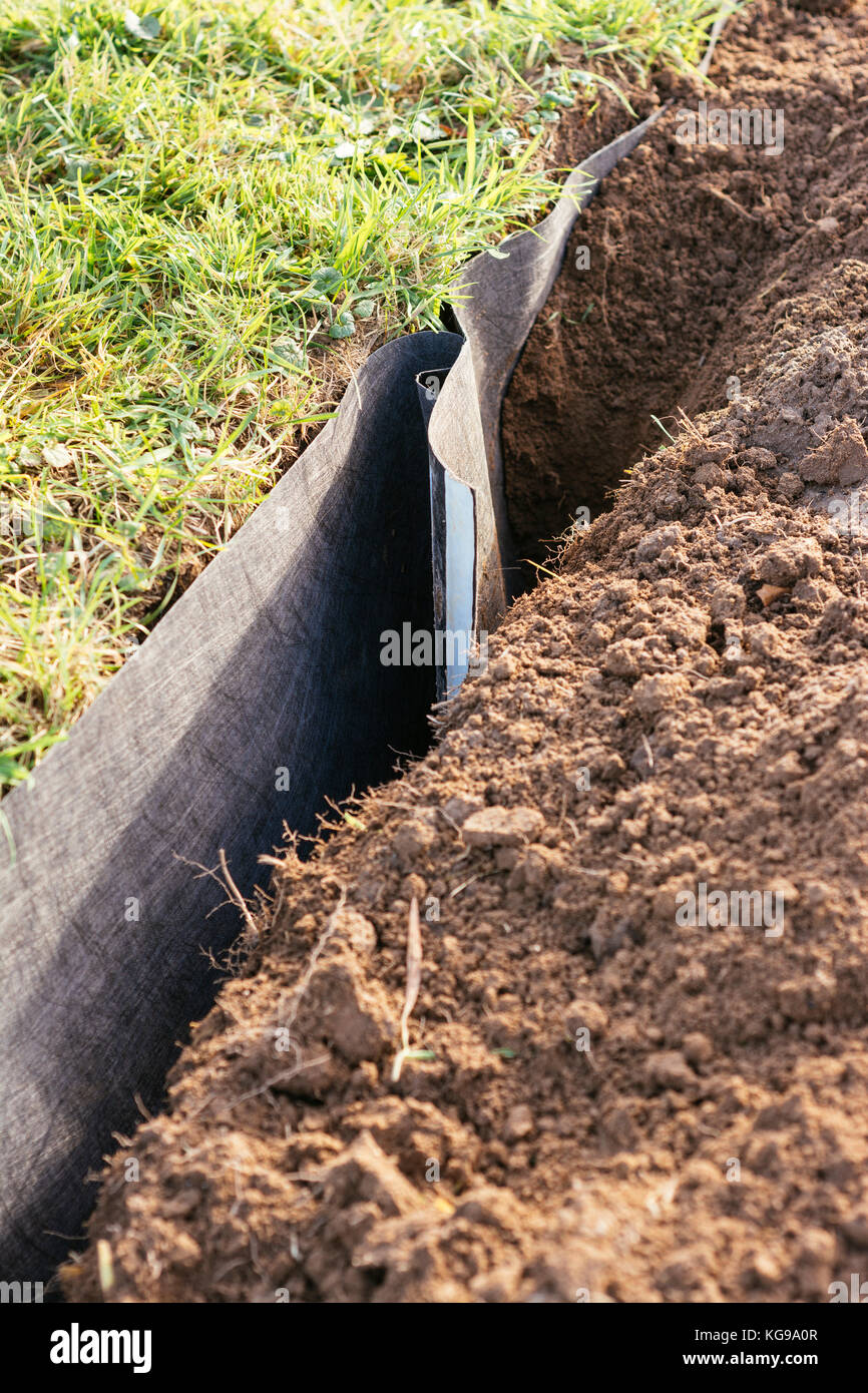 Root Barriere in einem Garten Grundstück für Himbeeren installiert. Stockfoto