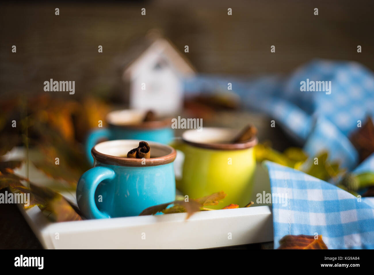 Herbstliche Konzept mit mup Kaffee mit Gewürzen, Zimtstange und Anis Sterne auf rustikalen Holzmöbeln Hintergrund voller Eiche hell gelbe Blätter und Eicheln Stockfoto