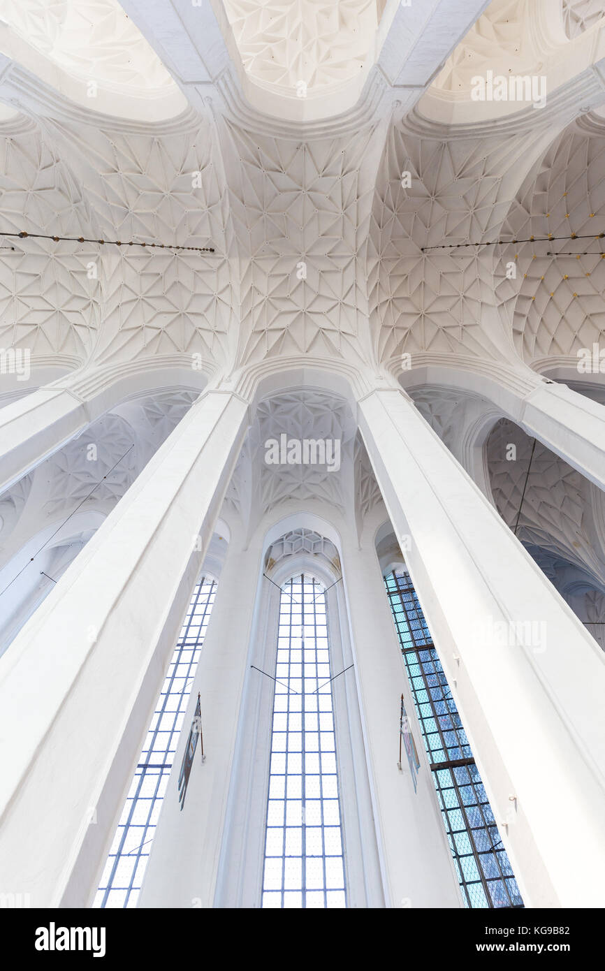 Windows und weiße Decke in der Basilika der Himmelfahrt der Jungfrau Maria (oder st.Maria Kirche) in Danzig, Polen, gesehen von unten. Stockfoto