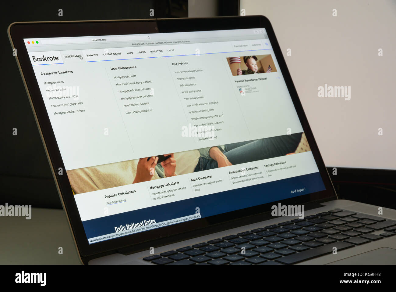 Mailand, Italien - 10. August 2017: Homepage der Bankrate-Website. Es handelt sich um ein Finanzdienstleistungsunternehmen mit Sitz in New York City. Bankrate.com, vielleicht ich Stockfoto