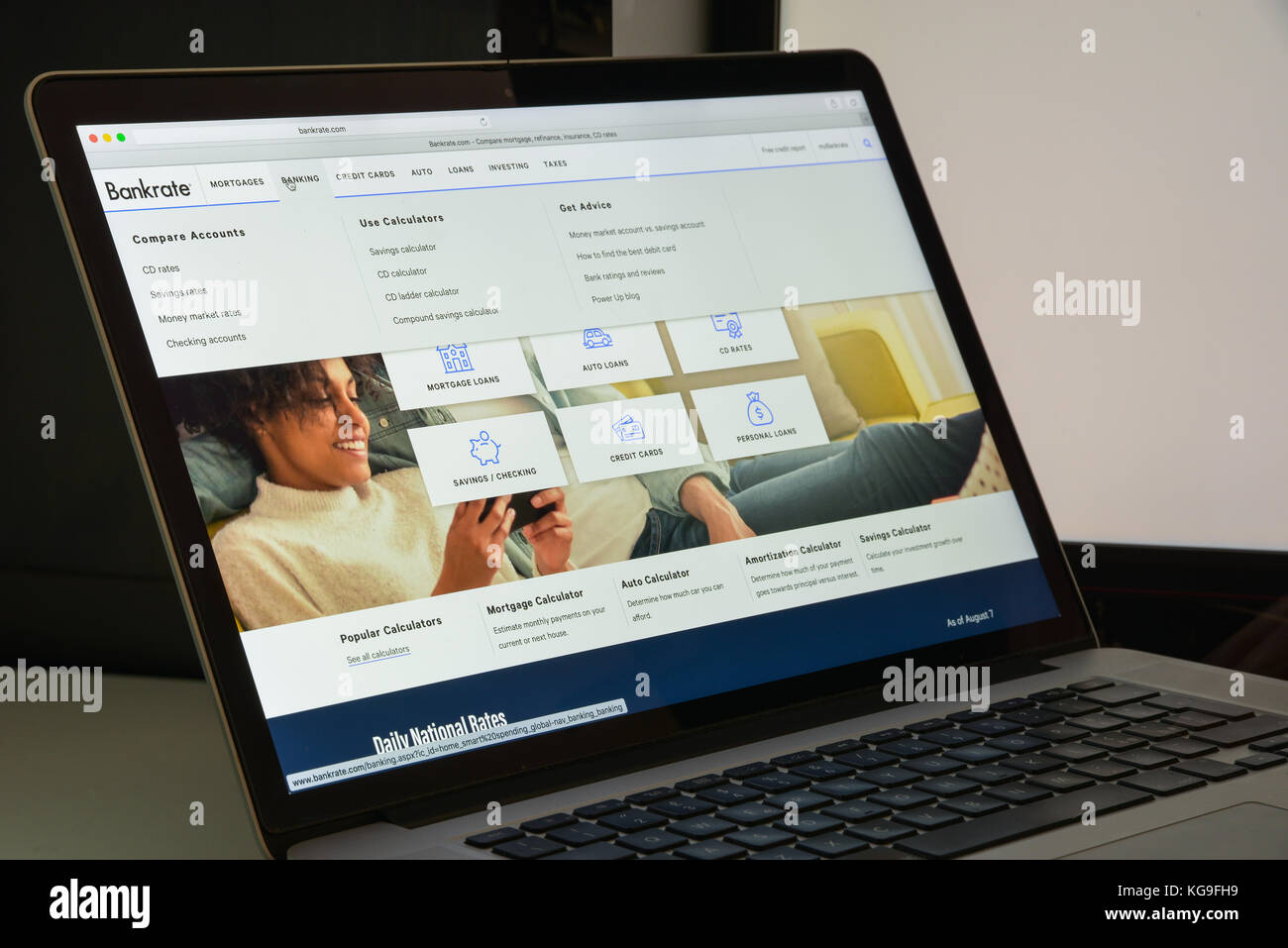 Mailand, Italien - 10 August 2017: bankrate Homepage. Es ist ein Consumer Financial Services Company in New York City. Bankrate.com, vielleicht i Stockfoto