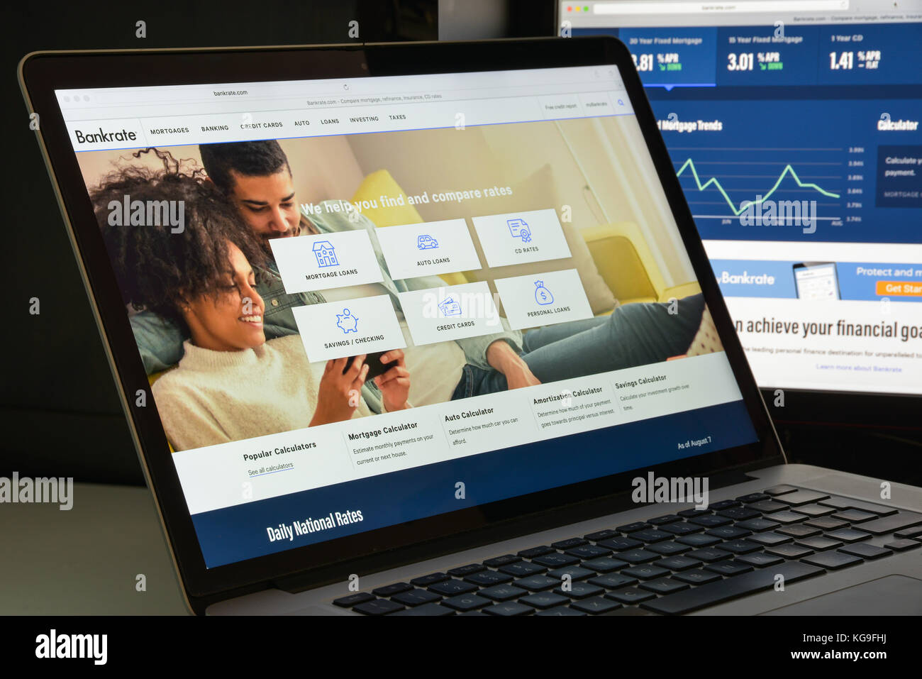 Mailand, Italien - 10. August 2017: Homepage der Bankrate-Website. Es handelt sich um ein Finanzdienstleistungsunternehmen mit Sitz in New York City. Bankrate.com, vielleicht ich Stockfoto