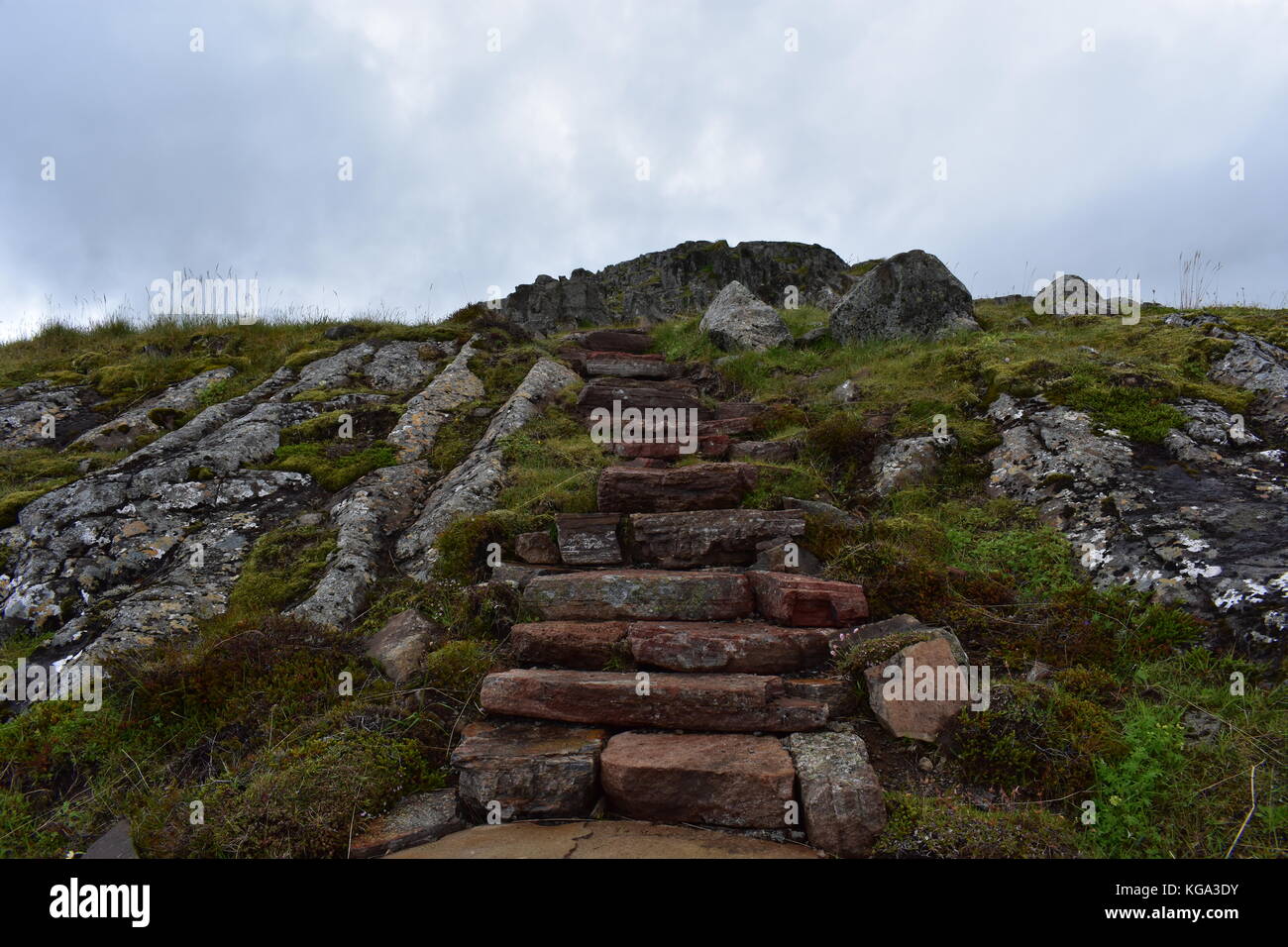 Treppen an borgarfjordur eystri im Osten Islands zu alfaborg Stockfoto