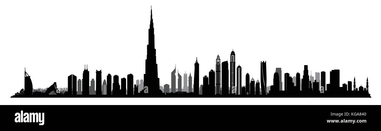 City Skyline von Dubai. Vae urbane Stadtbild. Vereinigte Arabische Emirate Hochhaus Gebäude Silhouette Stock Vektor
