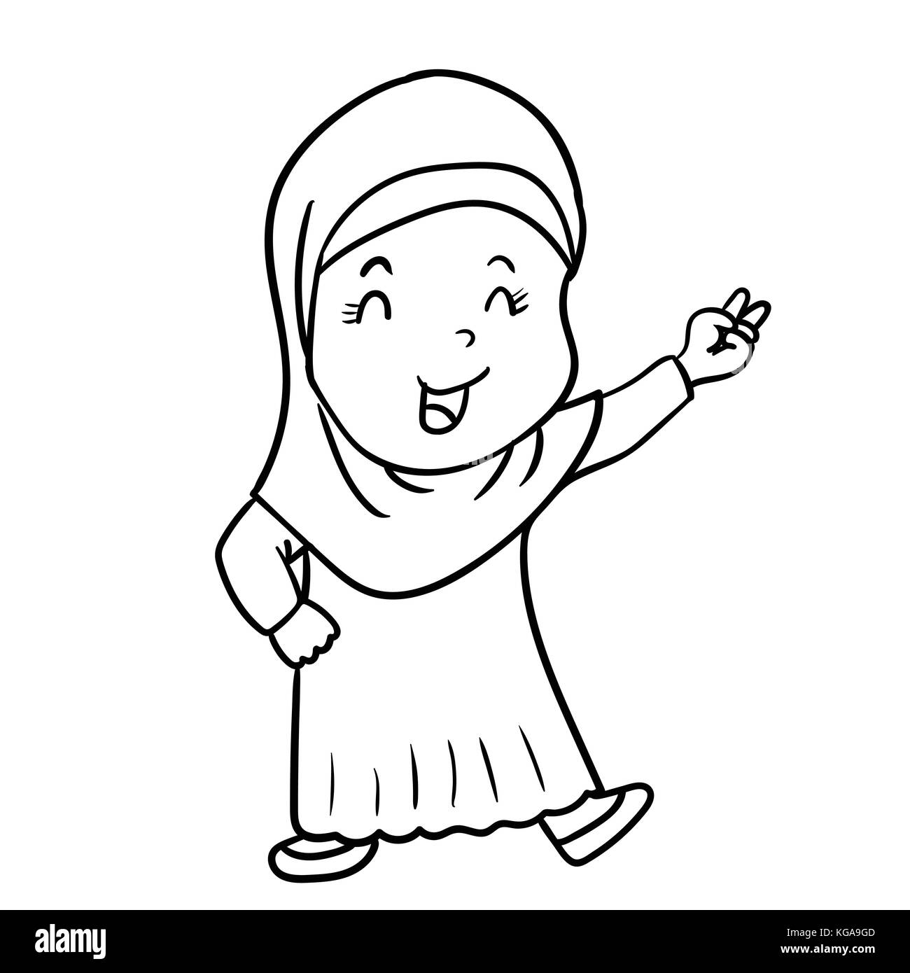 Handzeichnung muslimischen Mädchen cartoon mit Sieg unterzeichnen, auf weißem Hintergrund. Schwarz und Weiß eine einfache Linie vektor Illustration für Malbuch - Stock Vektor