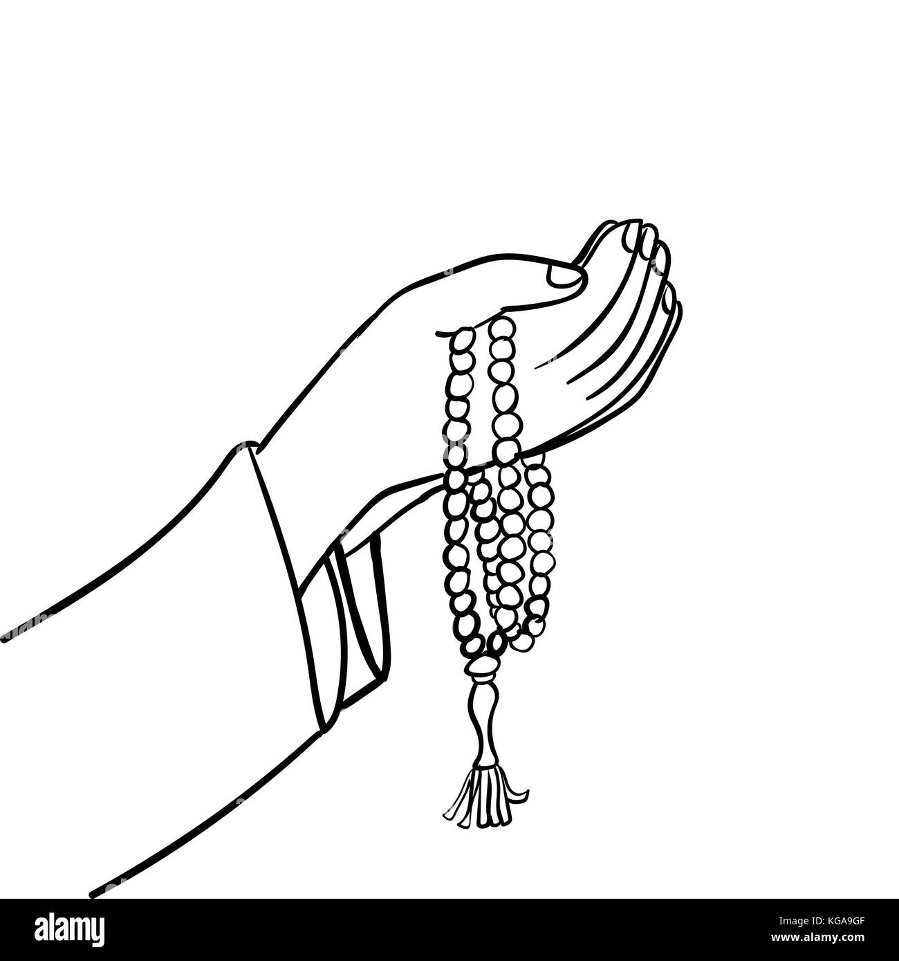 Handzeichnung muslimische Hand betend mit Perlen, auf weißem Hintergrund. Schwarz und Weiß eine einfache Linie vektor Illustration für malbuch-line dr Stock Vektor