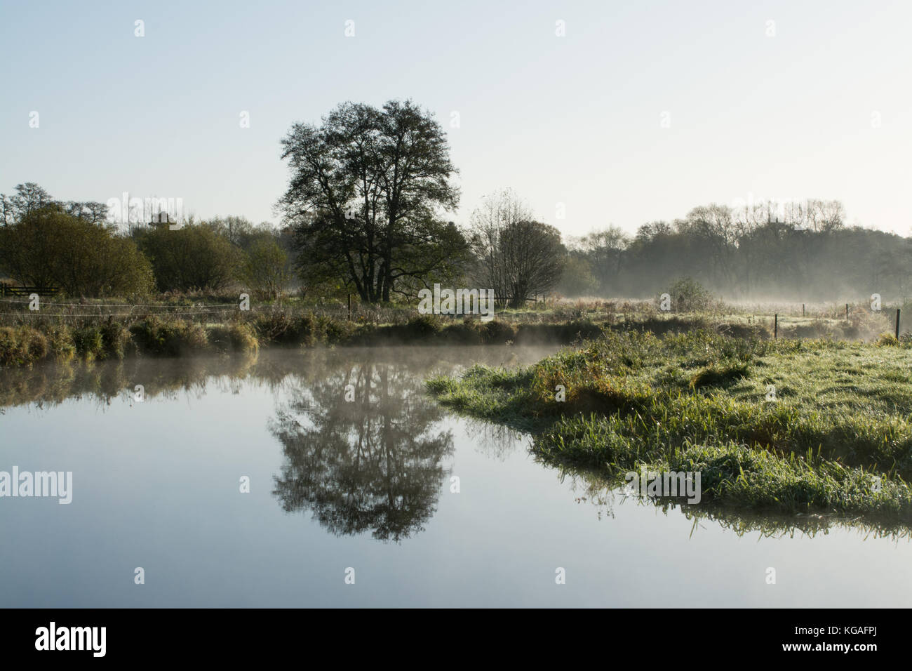 Frosty Landschaft des Flusses Wey bei Thundry Wiesen in Surrey, UK, im November. Ein schöner Tag in der englischen Landschaft. Stockfoto Frosty Landschaft des Flusses Wey bei Thundry Wiesen in Surrey, UK, im November. Ein schöner Tag in der englischen Landschaft. Stockfoto