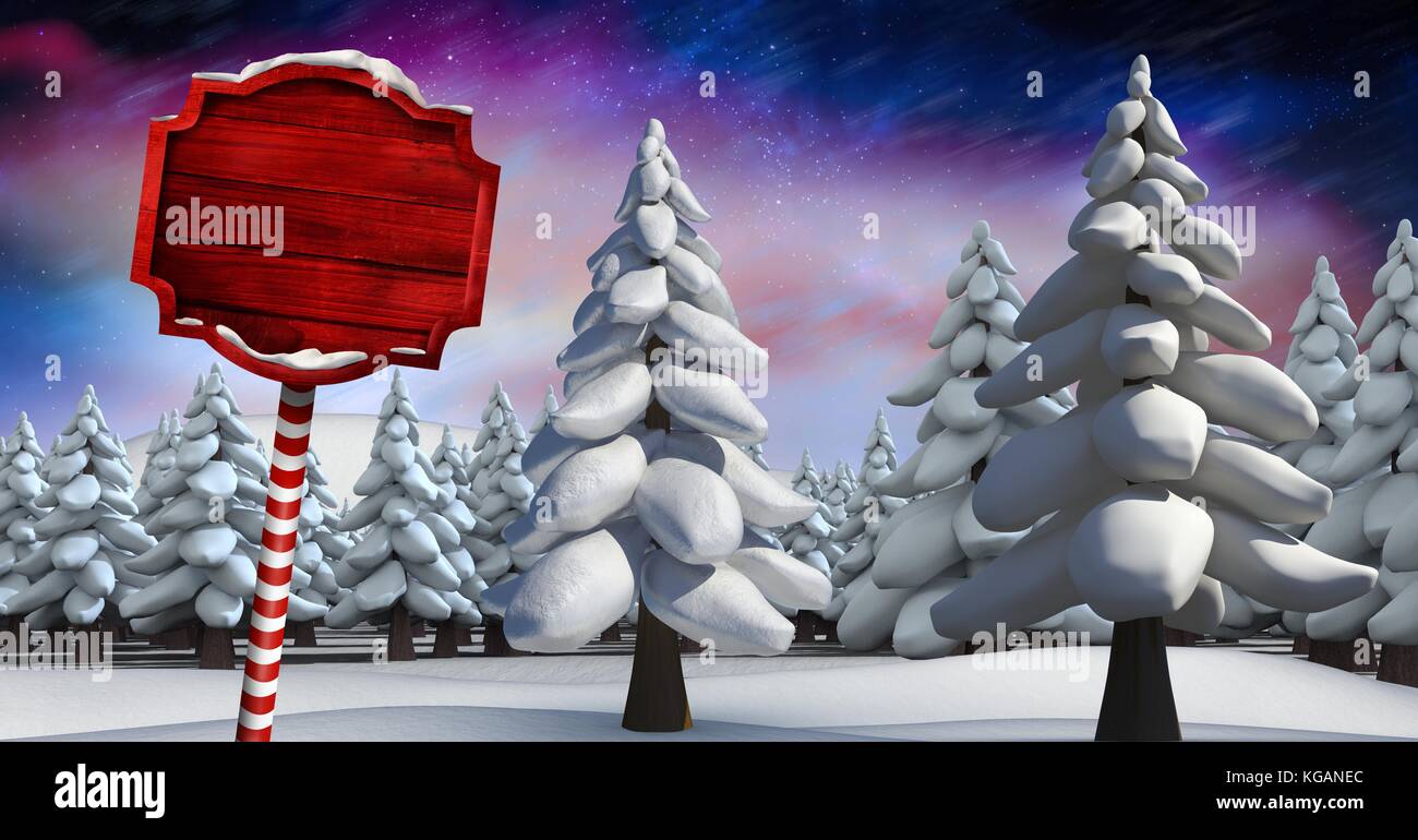 Digital composite der hölzernen Wegweiser in Weihnachten Winter Landschaft mit Bäumen Stockfoto