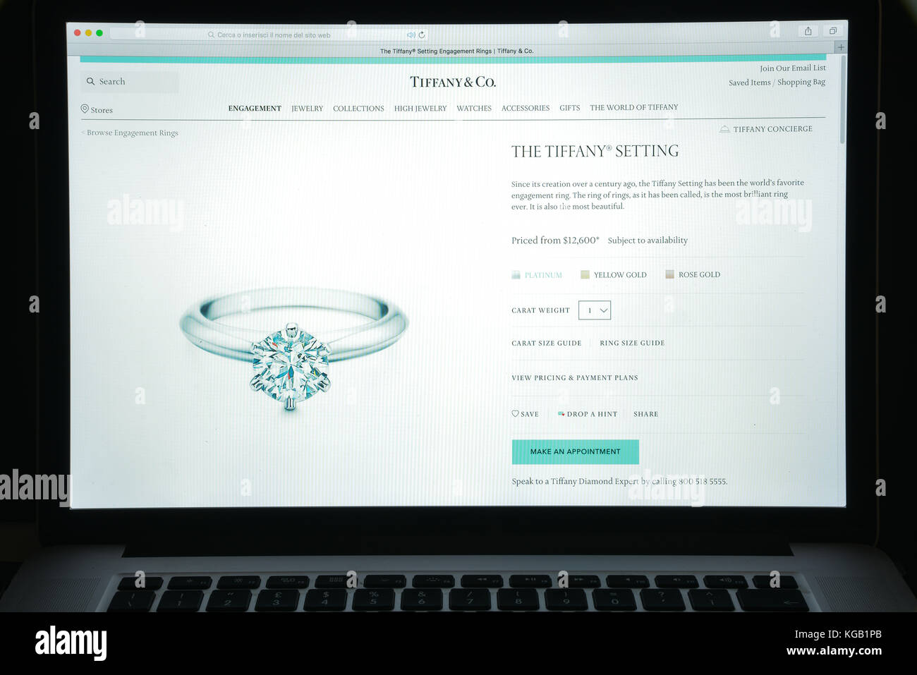 Mailand, Italien - 10 August 2017: Tiffany Homepage. Es ist ein amerikanischer Luxus Schmuck und Fachhändler. Tiffany Logo sichtbar. Stockfoto