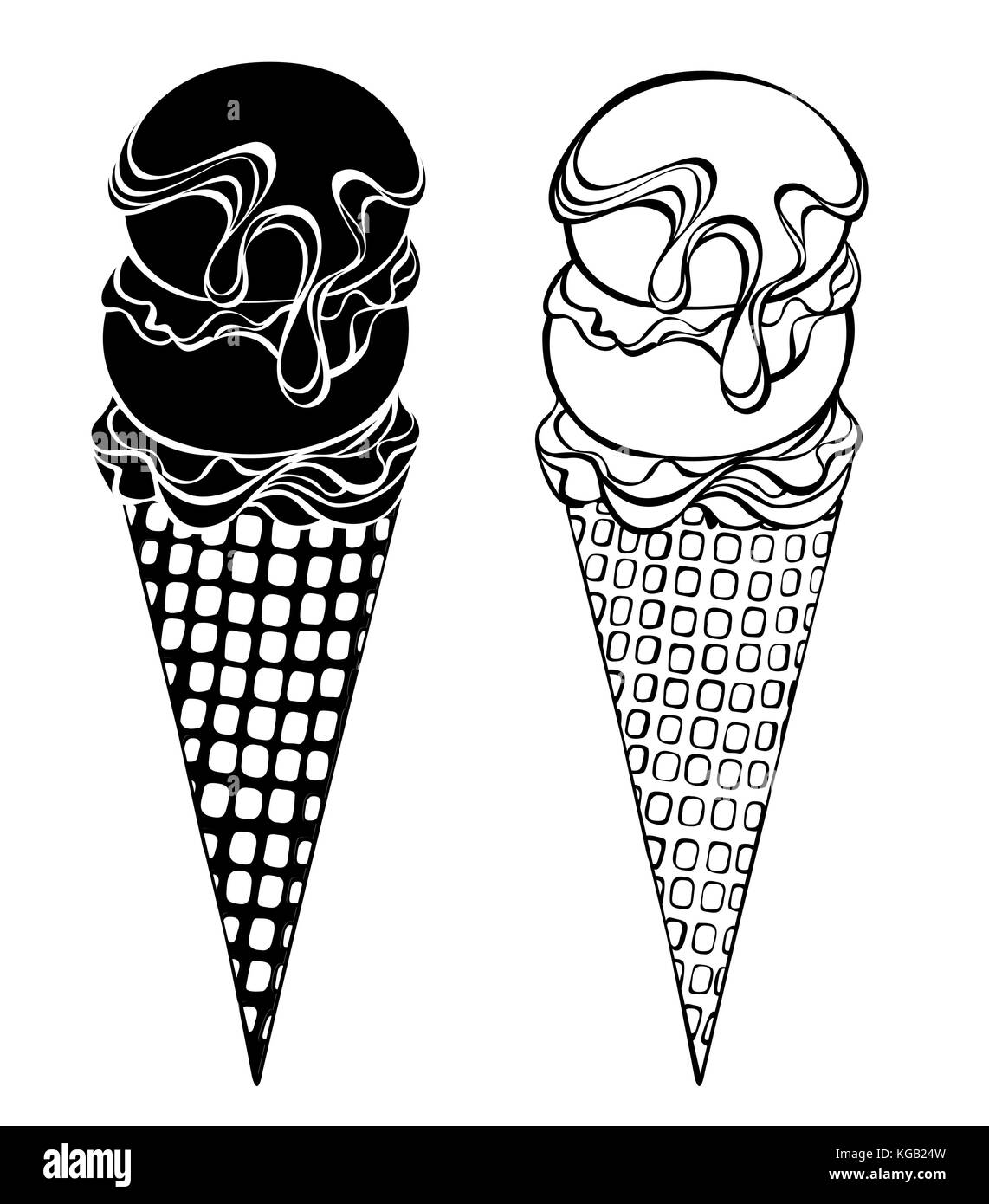 Zwei Kontur, stilisierte Eis mit Waffel Horn, zwei Kugeln, beträufelt mit Schokolade Sirup auf weißem Hintergrund. Künstlerische Zeichnung eines Eis. Stock Vektor