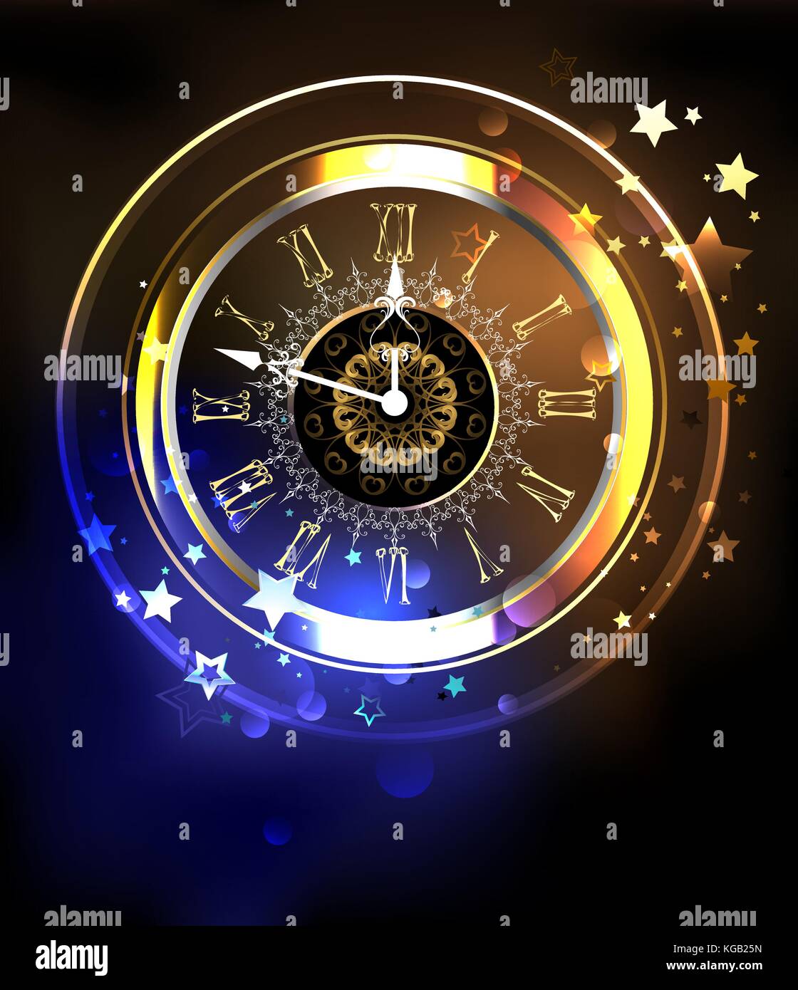 Leuchtende antike Uhr auf eine kosmische gelben und blauen Hintergrund mit Sternen. antike Uhr. Design mit Sternen. Stock Vektor