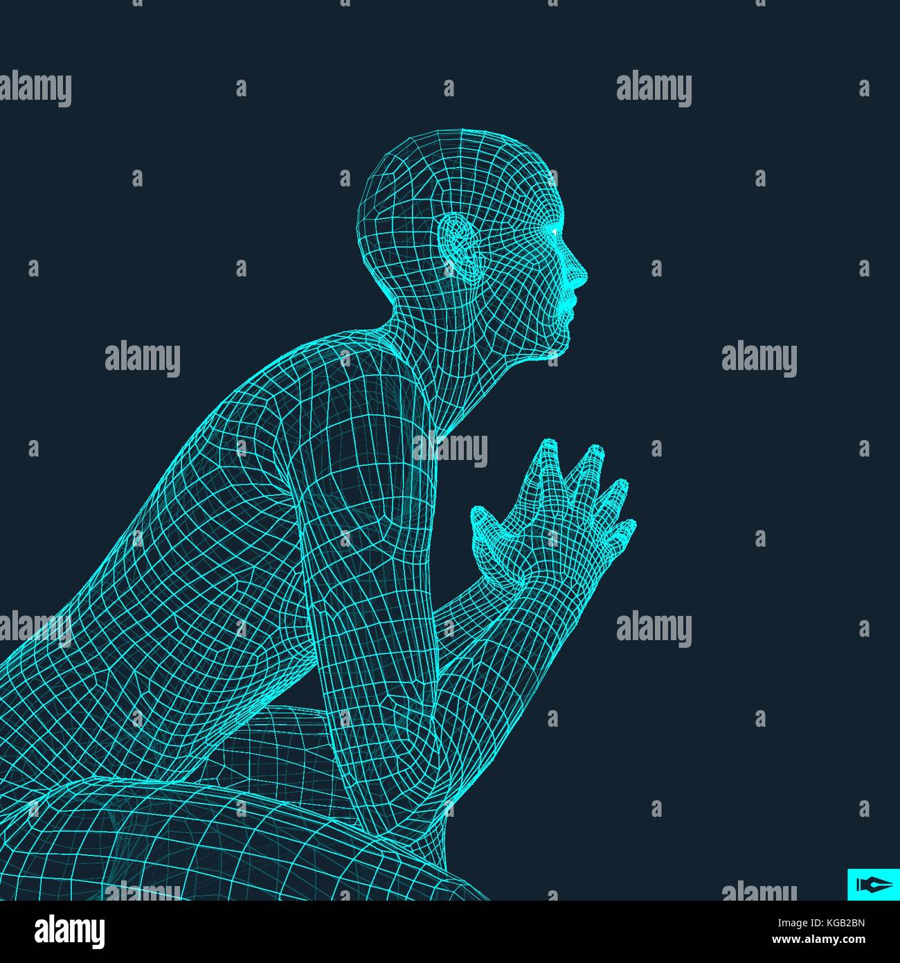 Mann in einem Denker darstellen. 3d-Modell des Menschen. geometrische Design. menschlichen Körper kabel Modell. Wirtschaft, Wissenschaft, Psychologie oder Philosophie vektor Illustration. Stock Vektor