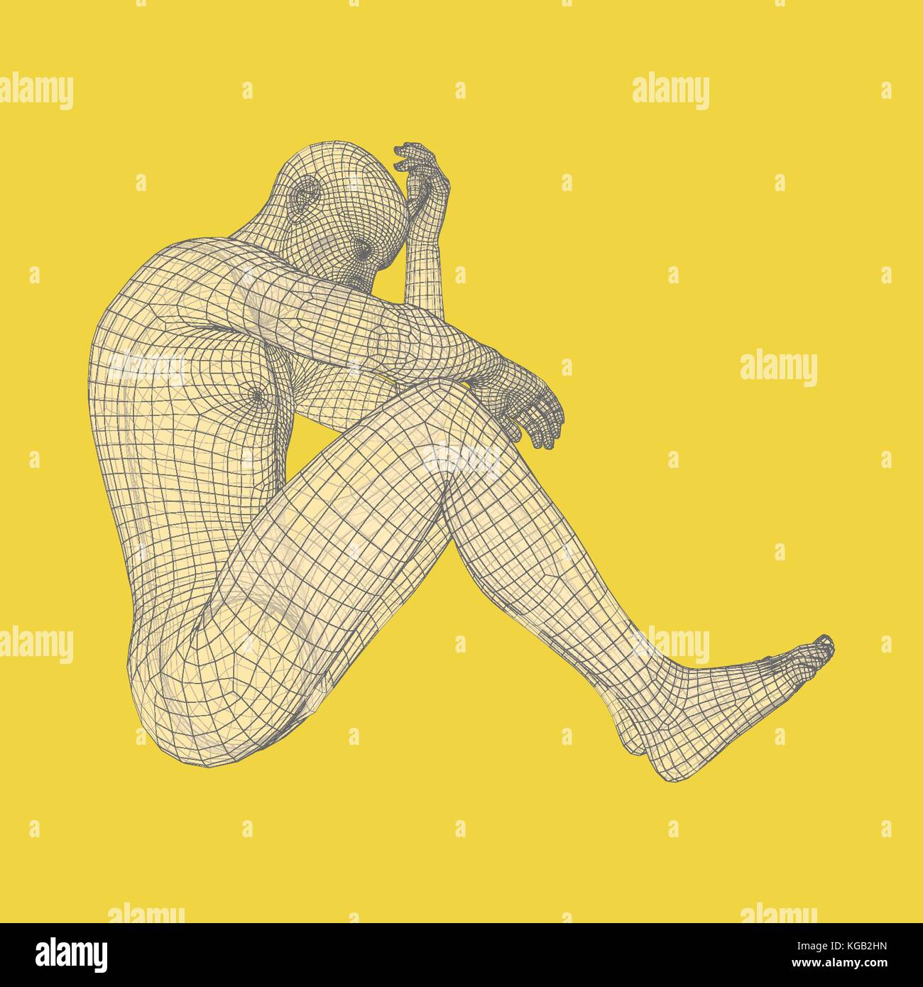 Mann in einem Denker darstellen. 3d-Modell des Menschen. geometrische Design. menschlichen Körper kabel Modell. Wirtschaft, Wissenschaft, Psychologie oder Philosophie vektor Illustration. Stock Vektor