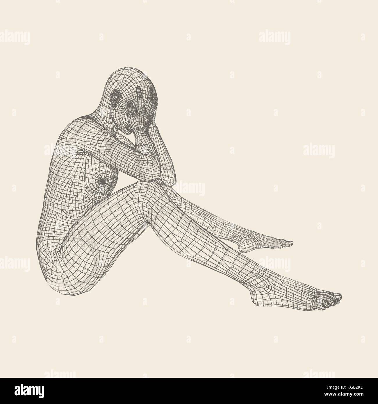 Mann in einem Denker darstellen. 3d-Modell des Menschen. geometrische Design. menschlichen Körper kabel Modell. Wirtschaft, Wissenschaft, Psychologie oder Philosophie vektor Illustration. Stock Vektor