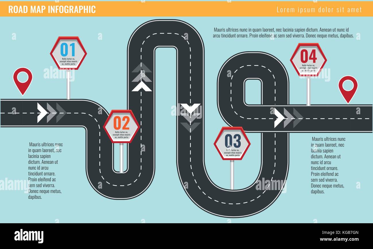 Trendy Infografik Vorlage mit Straße über Zeiger und Pfeile Karte. Stock Vektor