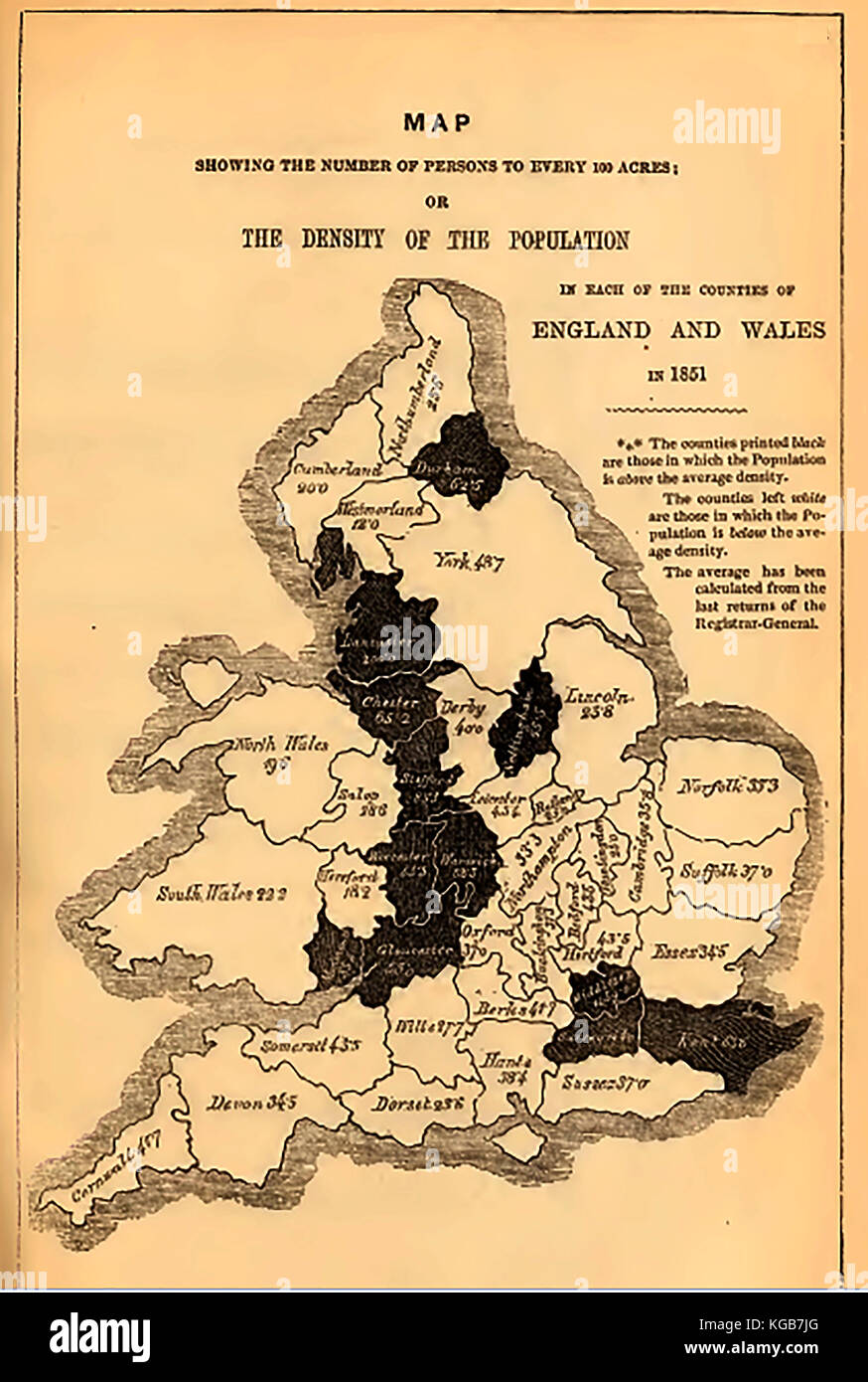 Eine Bevölkerung Karte von Großbritannien für 1851 zeigen die Dichte der Besiedlung durch die Grafschaft in England und Wales Stockfoto