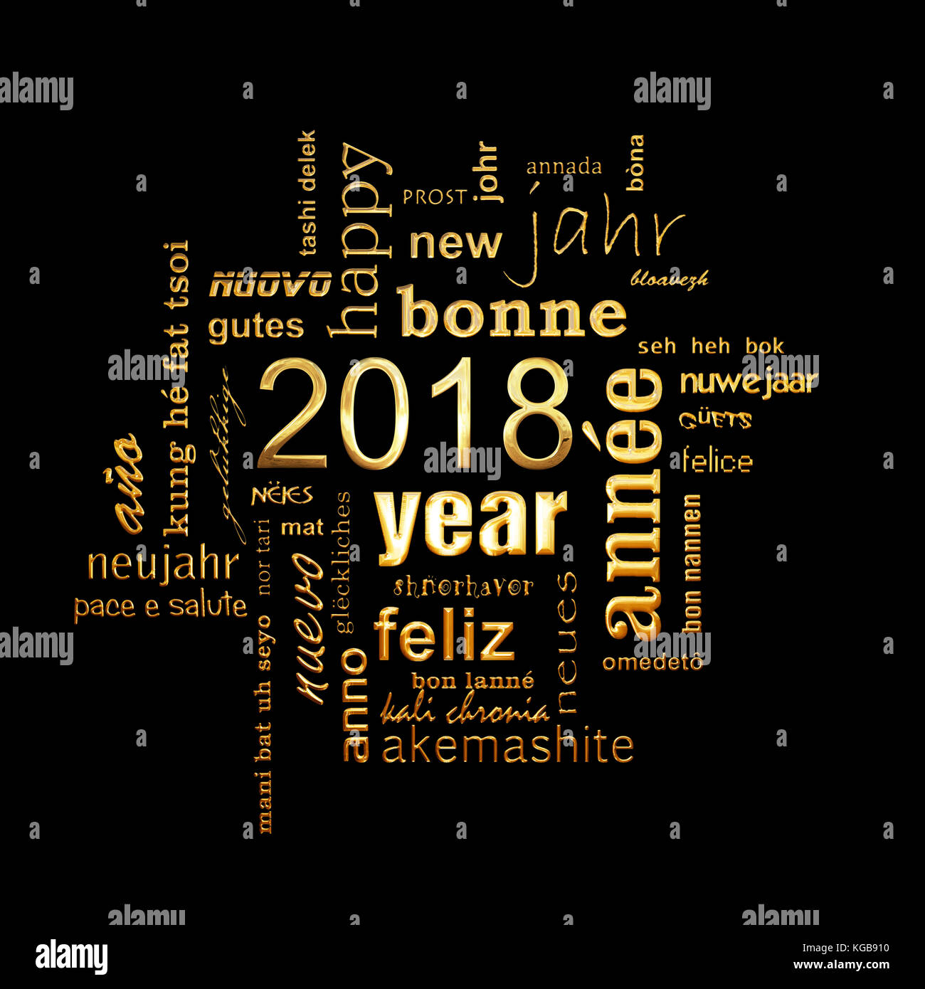 2018 Neues Jahr mehrsprachige golden Text wort Cloud square Grußkarte auf schwarzem Hintergrund Stockfoto
