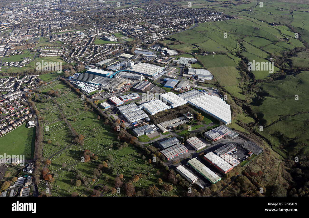 Luftaufnahme von Farrington Industrial Estate Schließen & Orient Business Park, Burnley, Großbritannien Stockfoto