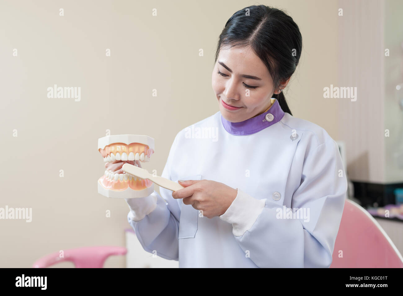 Weiblichen Zahnarzt erklären über Zähneputzen in der Klinik. Gesundheit Pflege und Wartung mit Fachkonzept Stockfoto