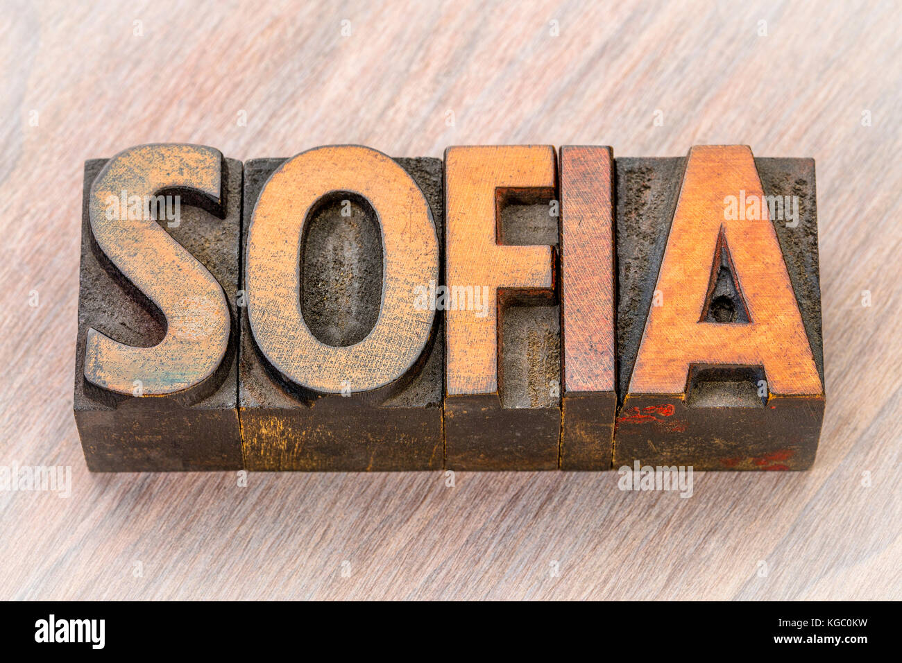 Sofia word Abstract in Vintage buchdruck Holz Art Klischees Stockfoto