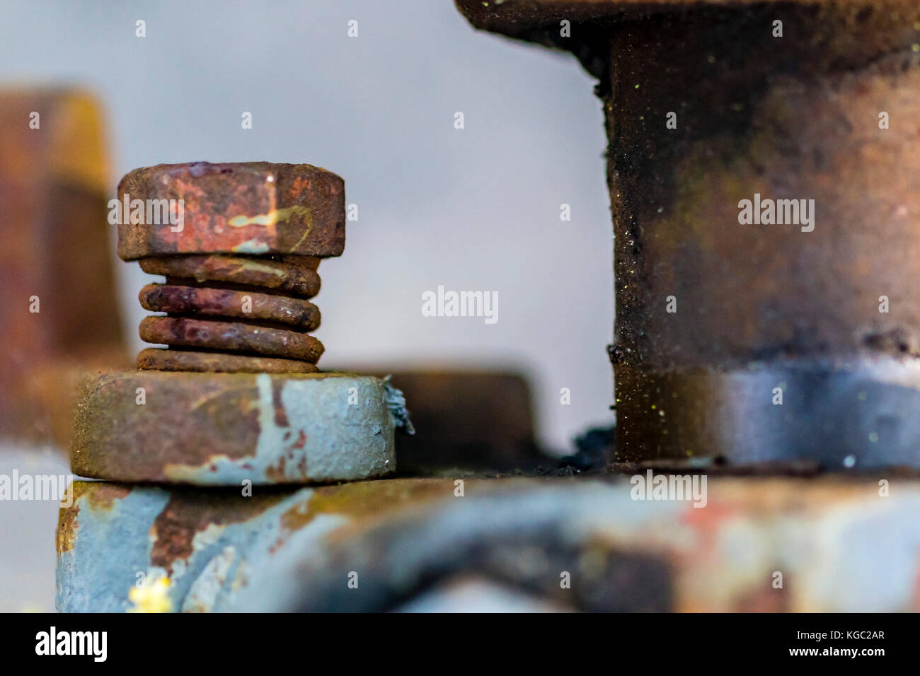 Rostige Schraube und Feder, Makro Seitenansicht. Nahaufnahme des Alten korrodierte Metall Schraube. Stockfoto