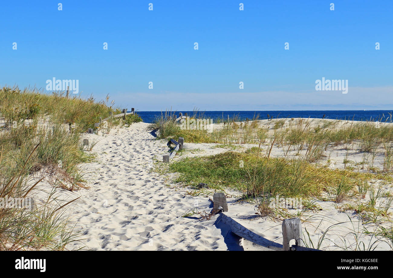 Eine klassische verwitterten hölzernen Zaun Linien den Weg in Richtung Meer und durch die vielen unberührten Dünen dieser unberührten Jersey Shore Beach Stockfoto