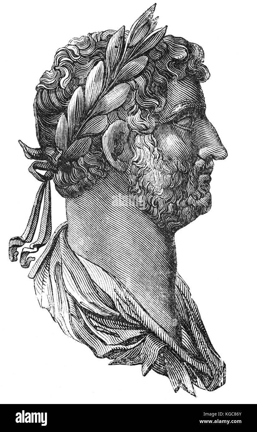 Ein Stich von einer römischen Münze von Hadrian (76-138), Kaiser von 117 bis 138. Er ist für den Aufbau von Hadrian's Wall, der die nördliche Grenze von Britannia markiert bekannt. Er wird von einigen ein Humanist, angesehen, und er wird als die Dritte der Fünf gute Kaiser angesehen. Stockfoto