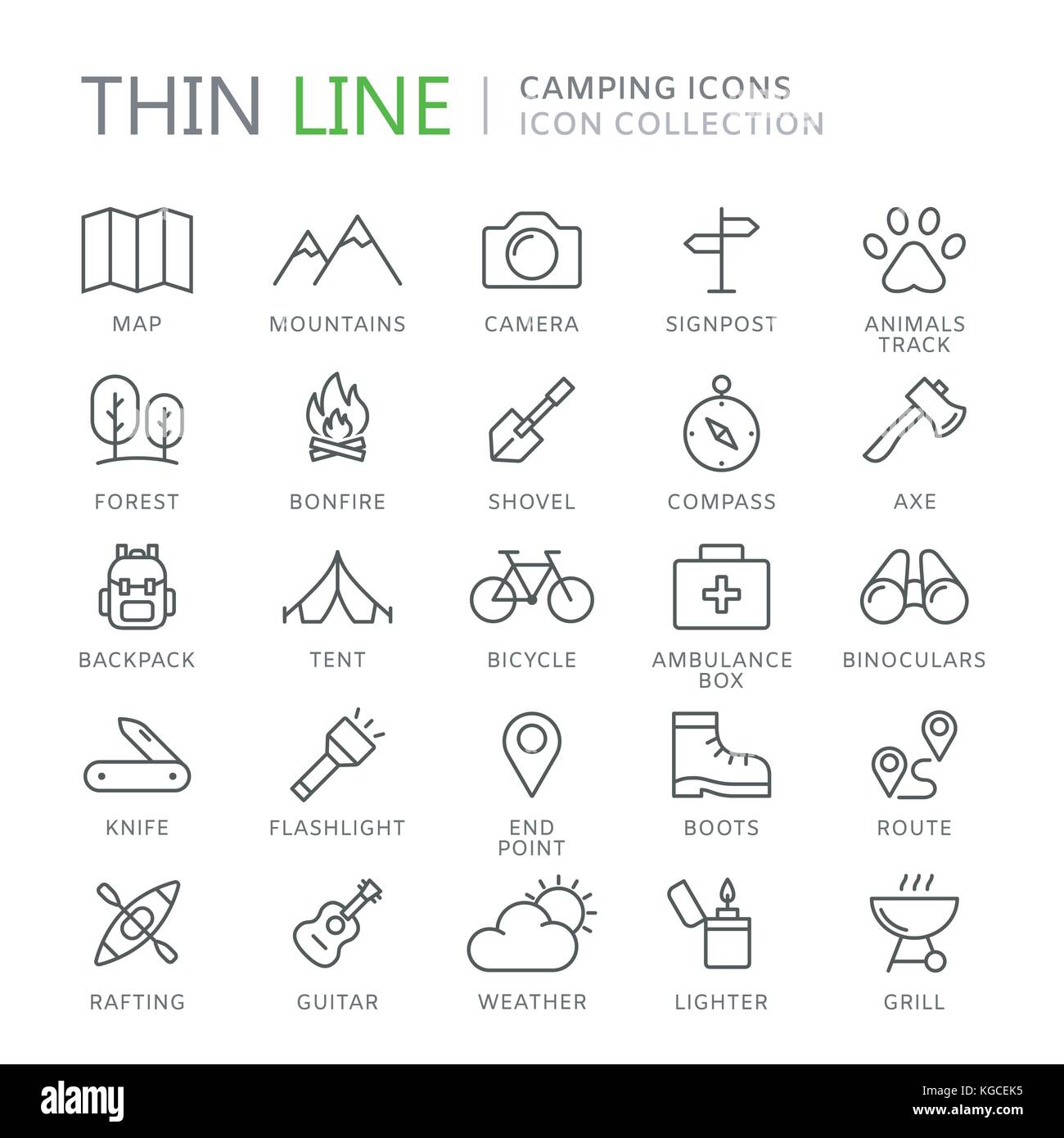 Sammlung von Camping dünne Linie Symbole. Vector EPS 10. Stock Vektor