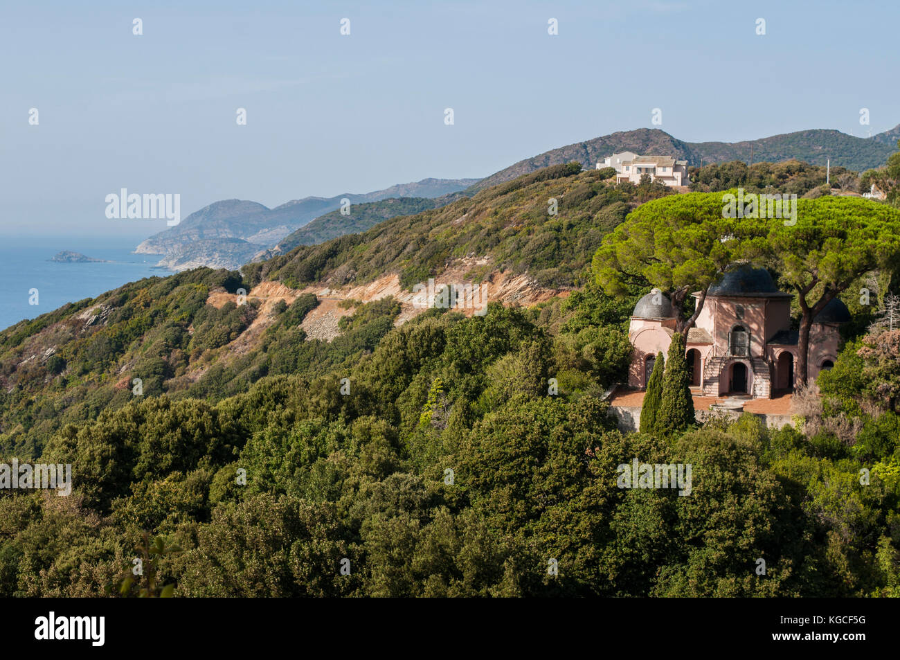 Korsika: Die mediterrane Macchia mit Blick auf die Skyline von Pino, Dorf der Haute Corse auf der westlichen Seite des Cap Corse Stockfoto