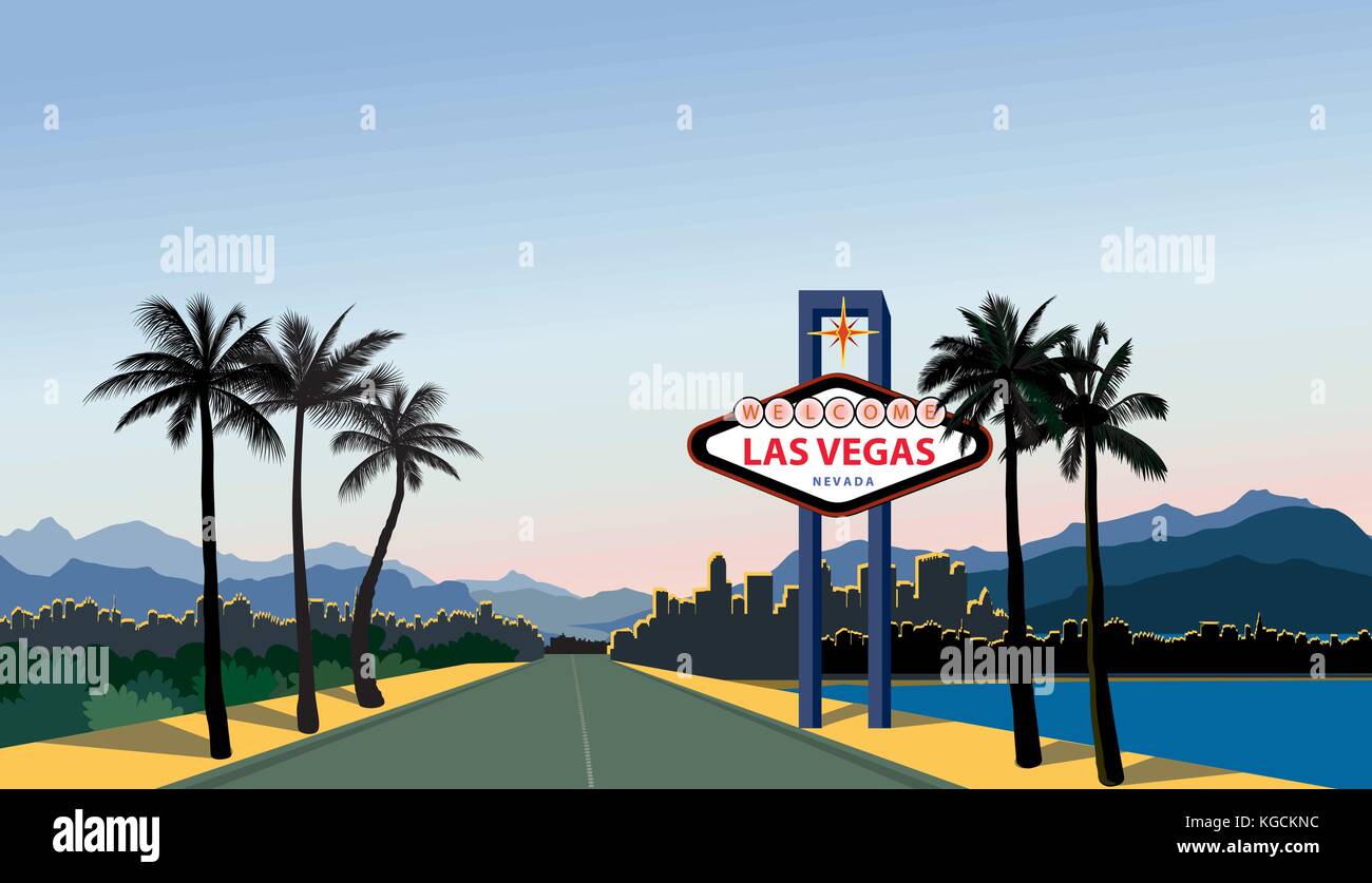 Las Vegas Skyline der Stadt. reisen usa Hintergrund. Landschaft mit Las - Vegas Zeichen Stock Vektor