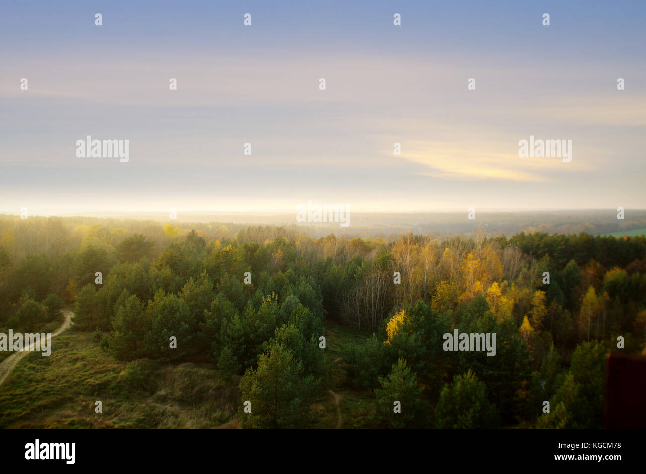 Herbst Panorama. Wald und Wolken am Himmel, Horizont im Nebel. Stockfoto