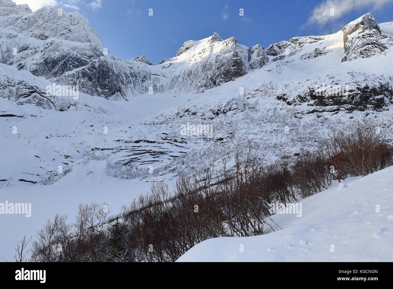 W-Stationen anzeigen von 807 nusfjordveien Straße über storvatnet-See zu mts. bjorntinden - sautinden. gletscherkar am Fuße - Schüssel geformte Bohrung geprägt oben Stockfoto