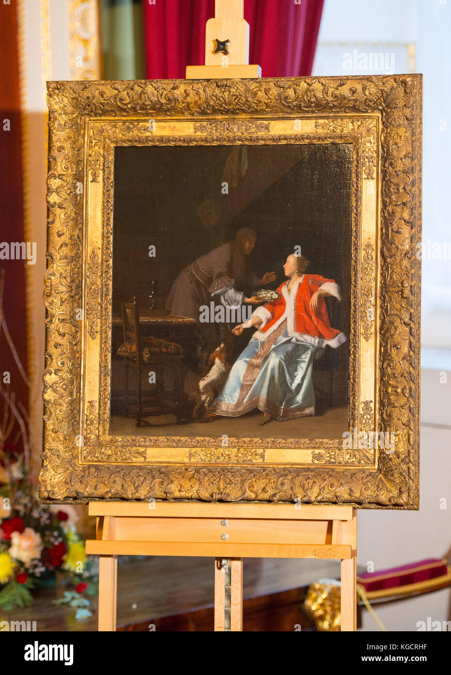 Das niederländische Gemälde „die Austernmahlzeit“ von Jacob Ochtervelt aus dem 17. Jahrhundert, das während des Zweiten Weltkriegs geplündert wurde und nun Charlotte Bischoff van Heemskerck, der Tochter des Eigentümers J H Smidt van Gelder, von der City of London bei einer Zeremonie im Mansion House in London zurückgegeben wurde. Stockfoto