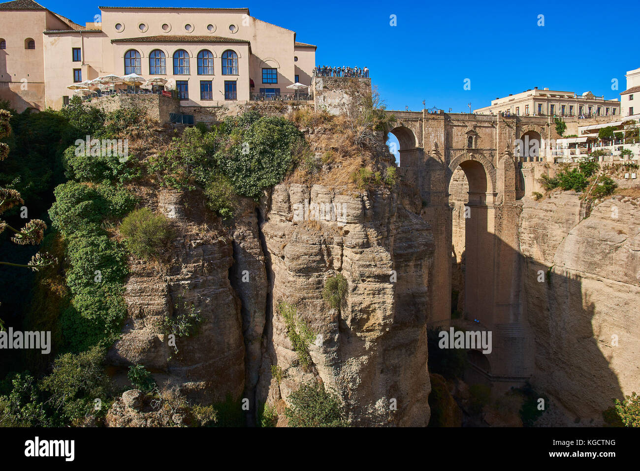 Neue Brücke und Stadt, Puente Nuevo, Schlucht El Tajo, Ronda, Malaga - Provinz, Andalusien, Spanien Stockfoto