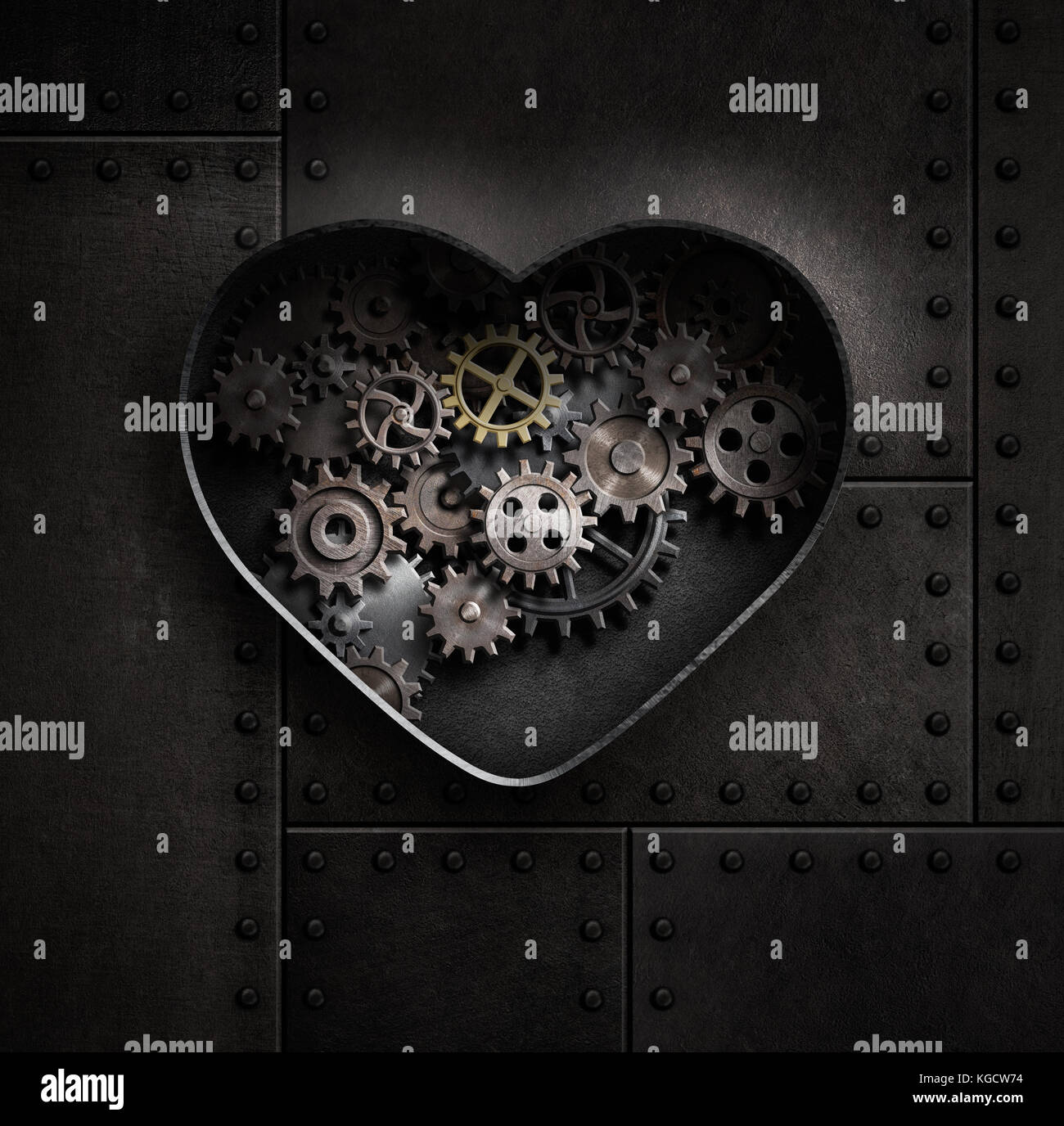 Metal Heart mit Getrieben und Zahnrädern 3D-Darstellung Stockfoto