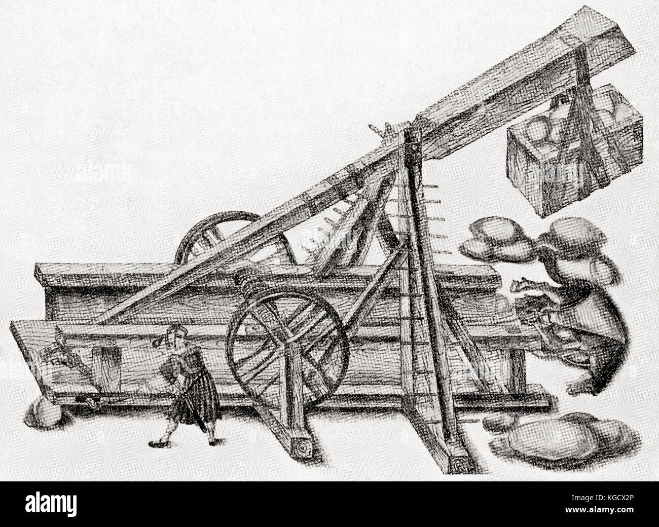 Ein Katapult, das von der Armee Maximilans I. benutzt wurde Diese Holzmaschine wurde verwendet, um Steine, Felsen oder sogar Müll in eine Festung oder Burg zu werfen. Aus Hutchinsons Geschichte der Nationen, veröffentlicht 1915. Stockfoto