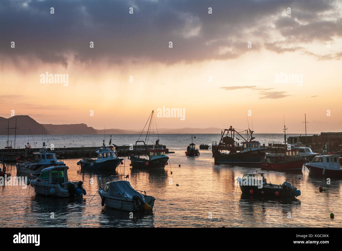 Sonnenaufgang über dem Hafen in Lyme Regis in Dorset, Großbritannien. Stockfoto