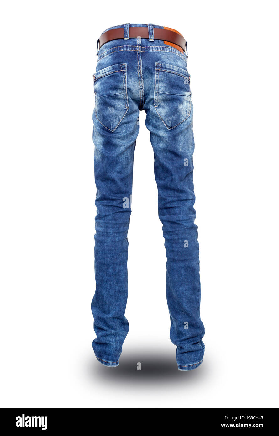 Blue Jeans Rückansicht mit dem Riemen, der Teenager. isoliert. mit Freistellungspfad Stockfoto