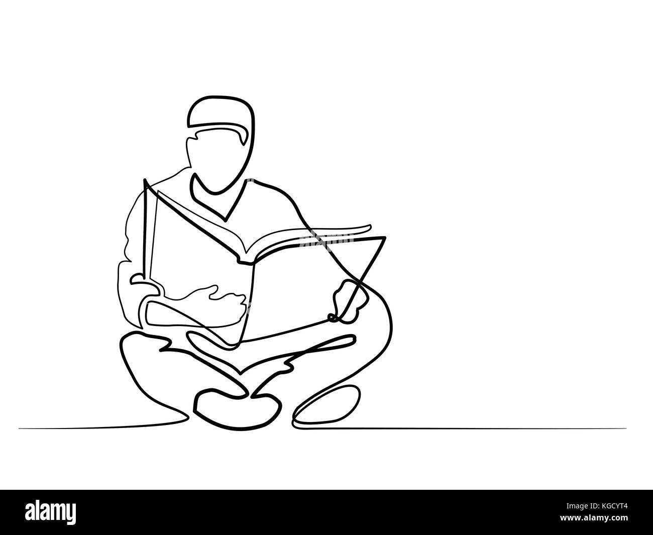 Mann in Fez lesen Koran. Kontinuierliche unterschiedlicher Breite Zeichnung Vector Illustration Stock Vektor