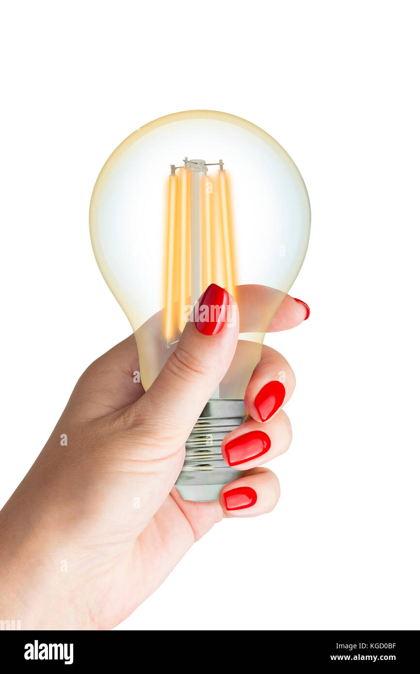 Led-Glühlampe Glühlampe in weiblicher Hand. auf weißem Hintergrund. Stockfoto