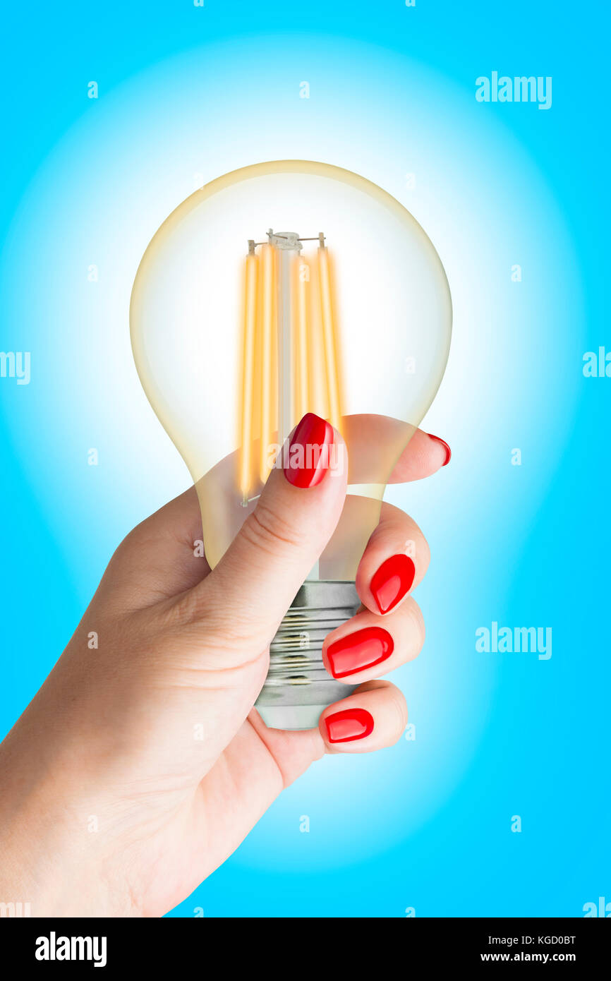 Led-Glühlampe Glühlampe in weiblicher Hand. auf blauem Hintergrund isoliert. Stockfoto