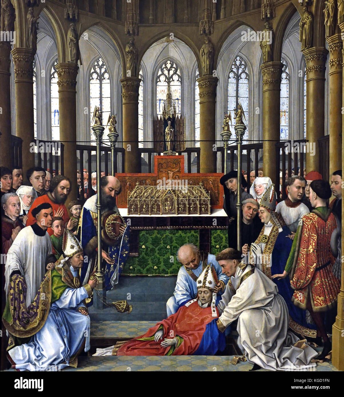 Die Exhumierung von Saint Hubert 1430, Rogier van der Weyden (Roger de la Pasture) 1399 - 1464 war einer der ersten niederländischen Maler, dessen hinterbliebenen Werke vor allem von religiösen Triptychen, Niederländisch Niederlande bestehen. Stockfoto