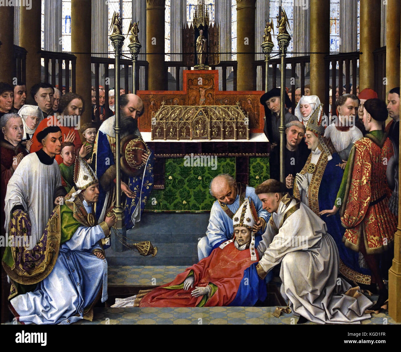 Die Exhumierung von Saint Hubert 1430, Rogier van der Weyden (Roger de la Pasture) 1399 - 1464) war einer der ersten niederländischen Maler, dessen hinterbliebenen Werke vor allem von religiösen Triptychen, Niederländisch Niederlande bestehen. , Stockfoto