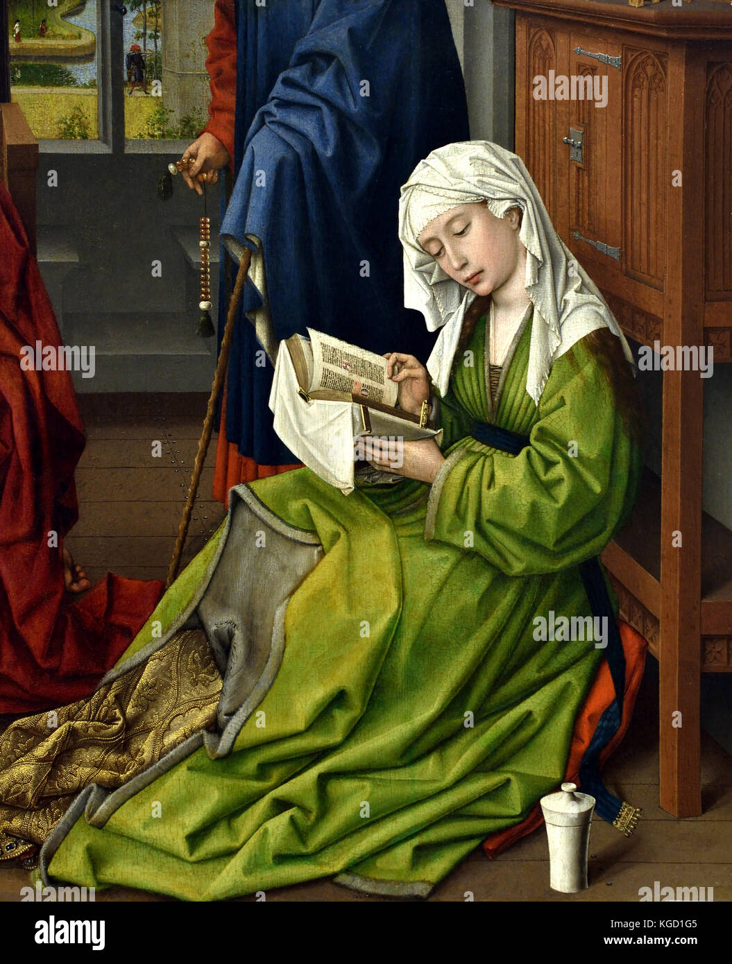 Die Magdalena (Maria Magdalena) Lesen 1438 Rogier van der Weyden (Roger de la Pasture) 1399 - 1464) war einer der ersten niederländischen Maler, dessen hinterbliebenen Werke vor allem von religiösen Triptychen, Niederländisch, Niederlande bestehen. Stockfoto