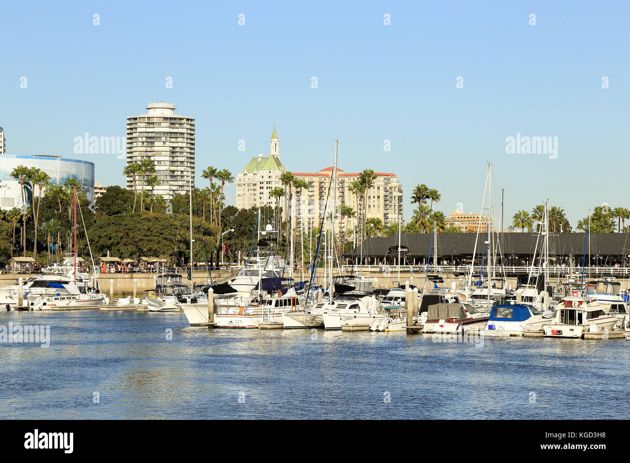Boote und Yachten in Long Beach Marina an einem sonnigen Nachmittag Stockfoto
