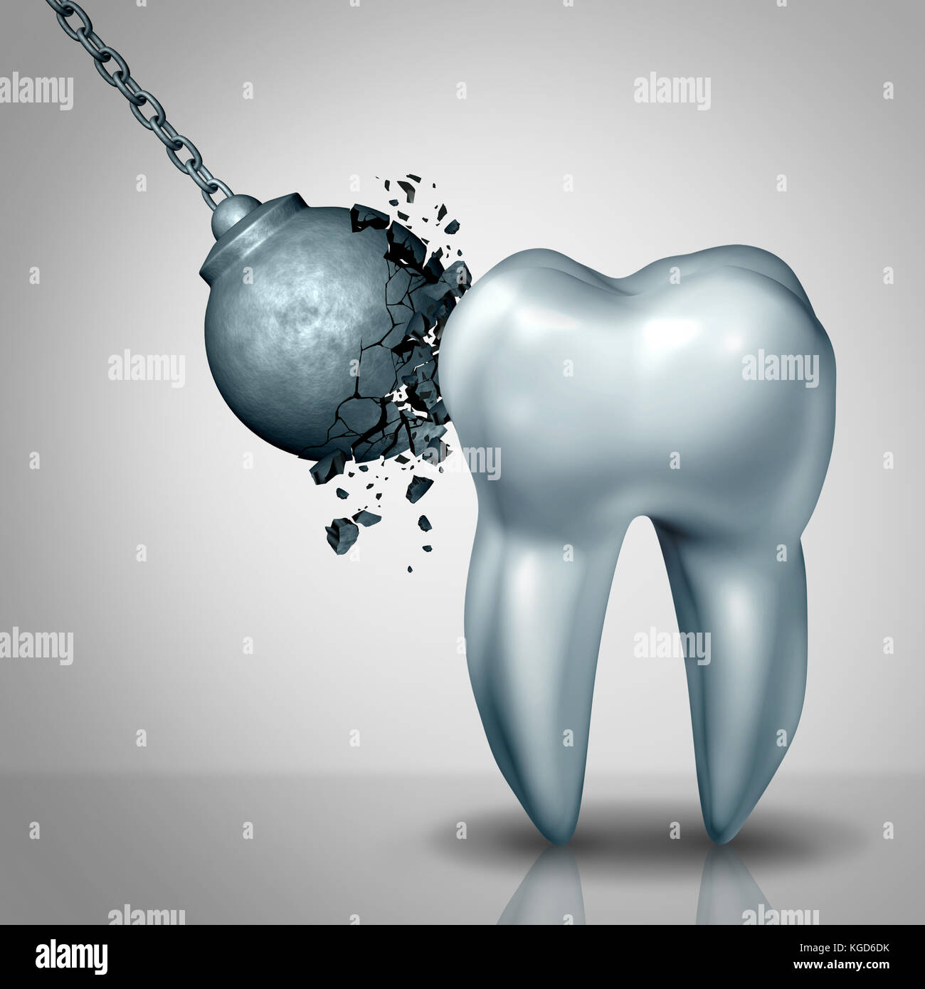 Starke Zahnschmelz und Zähne Stärke zahnärztliche oder Zahnheilkunde Symbol als Abrissbirne durch eine feste weiße Molare abgerissen wurden. Stockfoto