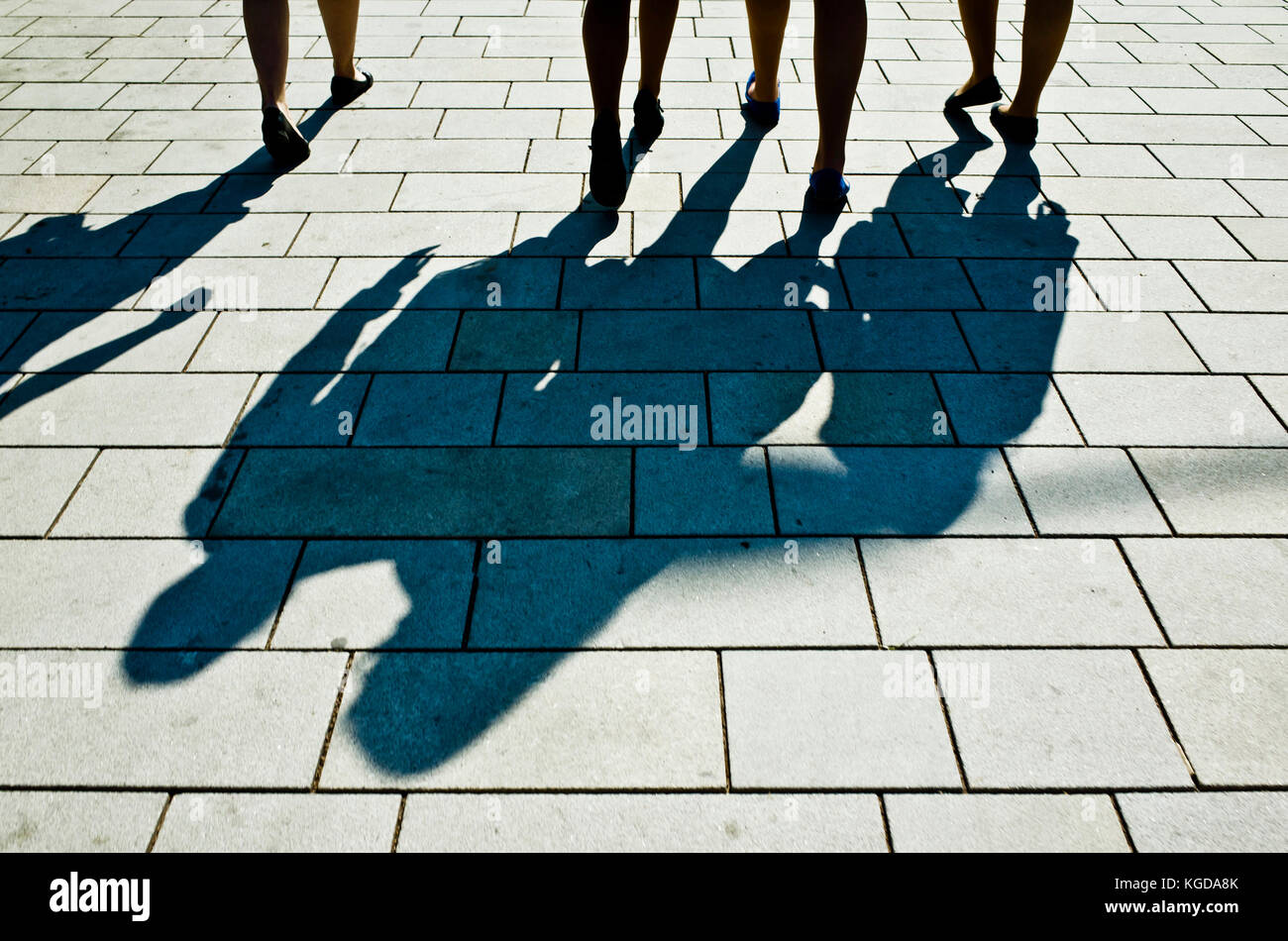 Beine von vier Frauen wandern und lange Schatten Stockfoto